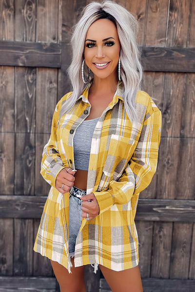 Yellow Plaid Button Up Patch Pocket Shirt-Tops-MomFashion