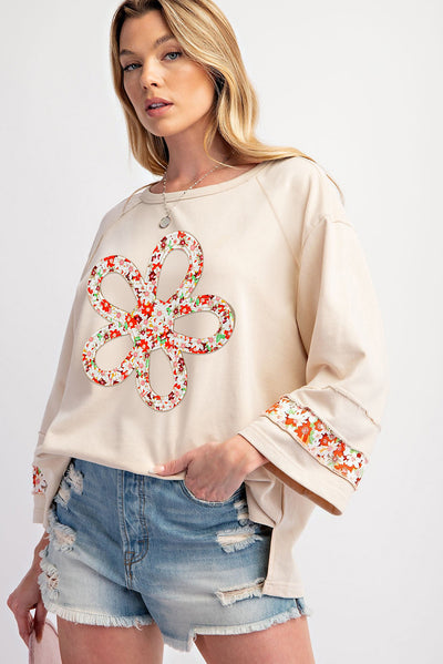 Beige Flower Patch Graphic Exposed Seam Wide Sleeve Top-Graphic/Graphic Long Sleeve Tees-MomFashion