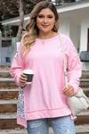 Pink Exposed Seam Leopard Splicing Plus Size Sweatshirt-Plus Size-MomFashion