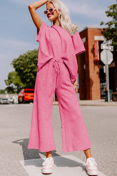 Strawberry Pink Textured Loose Fit T Shirt and Drawstring Pants Set-Two Piece Sets/Pant Sets-MomFashion