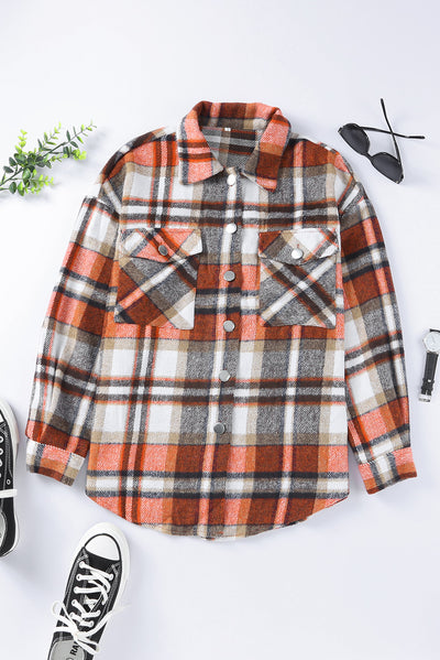 Orange Chest Pockets Flannel Plaid Shacket-Outerwear-MomFashion