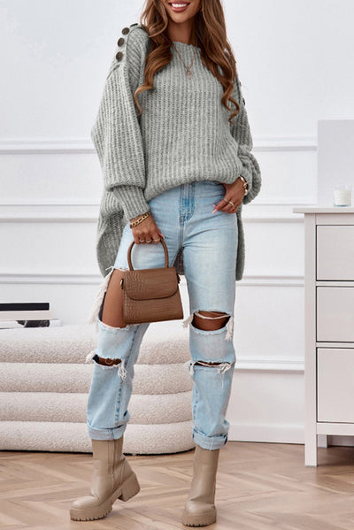 Gray Buttoned Drop Shoulder Oversized Sweater-Tops-MomFashion