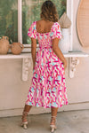 Pink Brush Stroke Printed Smocked Ruffle Tiered Dress-Dresses-MomFashion