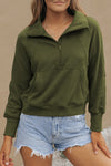 Green Zip Up Stand Collar Ribbed Thumbhole Sleeve Sweatshirt-Tops-MomFashion