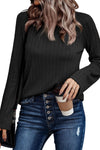 Black Ribbed Round Neck Knit Long Sleeve Top-Tops-MomFashion