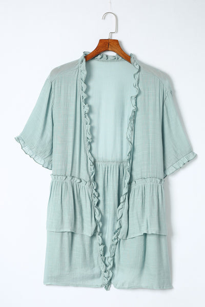 Green Ruffled Trim Half Sleeve Open Front Kimono-Outerwear-MomFashion