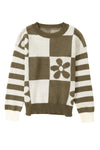 Green Checkered Floral Print Striped Sleeve Sweater-Tops-MomFashion