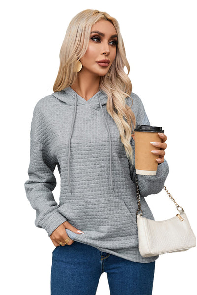 Gray Quilted Kangaroo Pocket Drawstring Hoodie-Tops-MomFashion