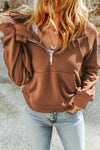 Brown Quarter Zip Kangaroo Pocket Hoodie-Tops-MomFashion