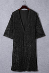 Black Sequin 3/4 Sleeve Open Front Duster Kimono-Outerwear-MomFashion