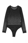 Black Rhinestone Embellished Mesh Long Sleeve Bodysuit-Tops-MomFashion