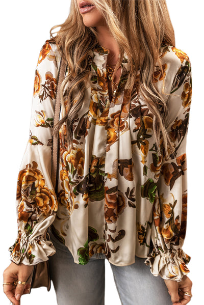 Apricot Gorgeous Floral Split Neck Flounce Sleeve Blouse-Tops-MomFashion