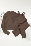 Brown Ribbed Knit 3pcs Sports Set-Activewear-MomFashion