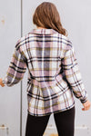 Pink Geometric Plaid Print Pocketed Shacket-Outerwear-MomFashion