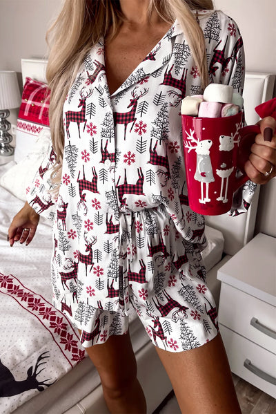 White Christmas Deer Printed Shirt and Shorts Lounge Set-Loungewear & Sleepwear/Sleepwear-MomFashion