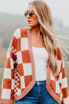 Chestnut Mix Checkered Open Front Knit Cardigan-Tops-MomFashion