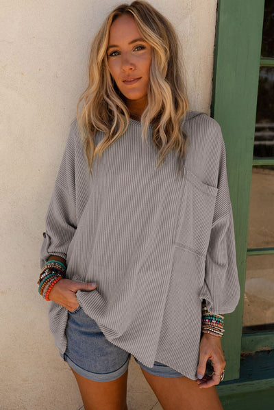 Gray Ribbed Roll-tab Sleeve Chest Pocket Oversize Top-Tops-MomFashion