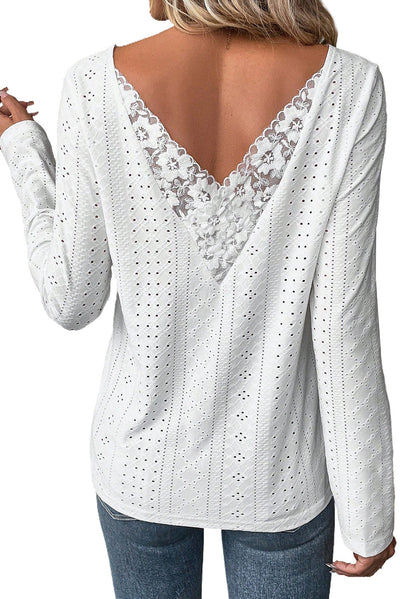 White Floral Lace Splicing Eyelet Long Sleeve Top-Tops-MomFashion