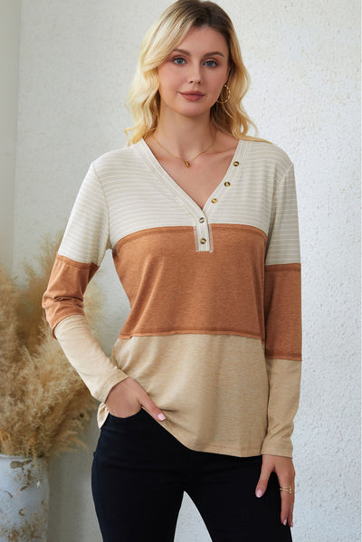 Orange Striped Color Block Henley Top-Tops-MomFashion