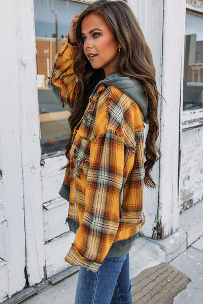 Orange Plaid Patch Hooded Frayed Snap Button Jacket-Outerwear-MomFashion