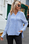 Sky Blue Crinkle Textured Loose Henley Top-Tops-MomFashion