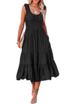 Black U-Neck Sleeveless Ruched Tiered Ruffled Midi Dress-Dresses-MomFashion