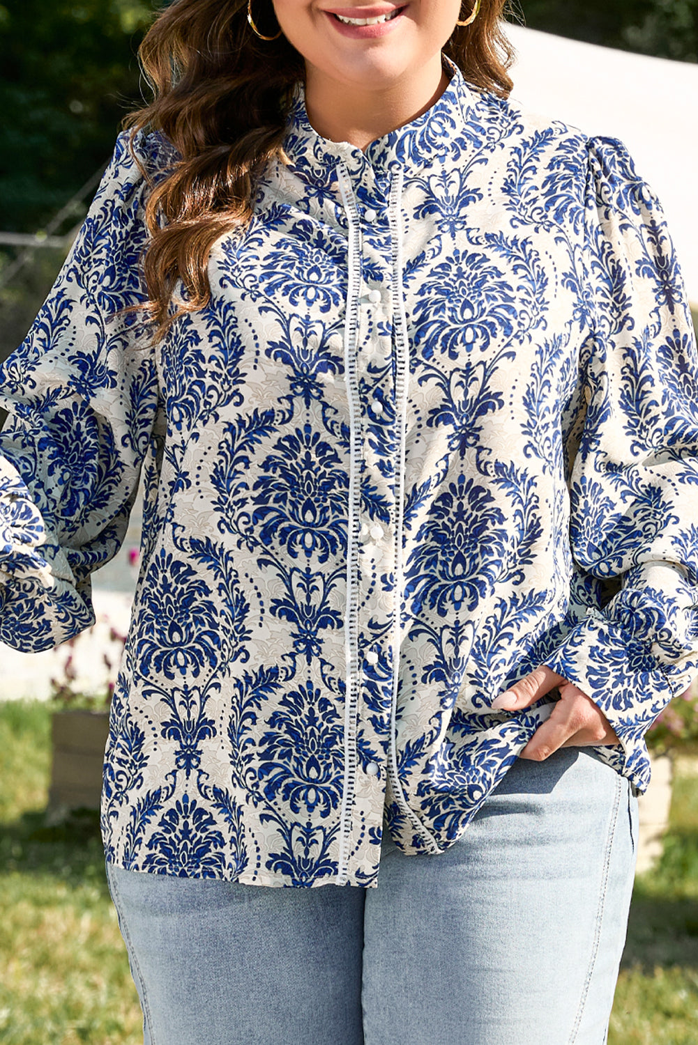 Sky Blue Tribal Pattern Print Notch Neck Buttoned Plus Size Shirt-Plus Size/Plus Size Tops/Plus Size Blouses & Shirts-MomFashion