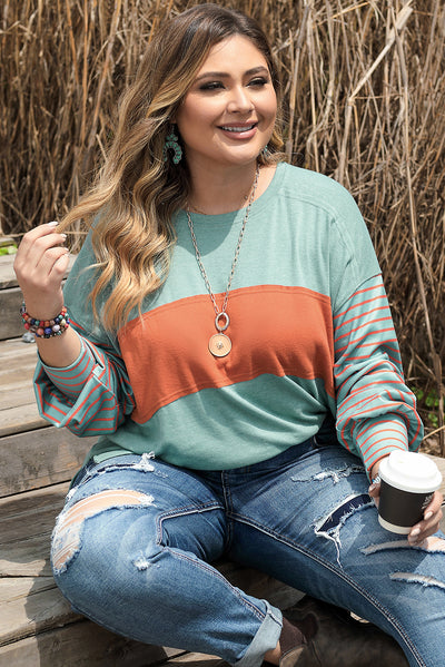 Green Plus Size Striped Long Sleeve Colorblock Tee with Slits-Plus Size-MomFashion