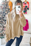 Khaki Exposed Seam Drop Shoulder Raw Hem Oversized Sweatshirt-Tops-MomFashion