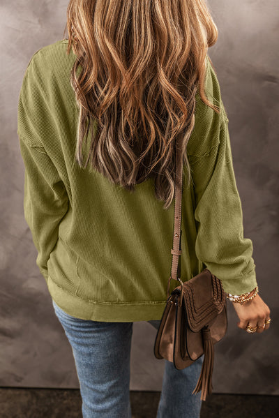 Jungle Green Textured Seamed Drop Sleeve Sweatshirt-Tops-MomFashion