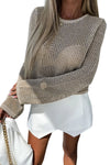 Khaki Hollow-out Knit Long Sleeve Top-Tops-MomFashion