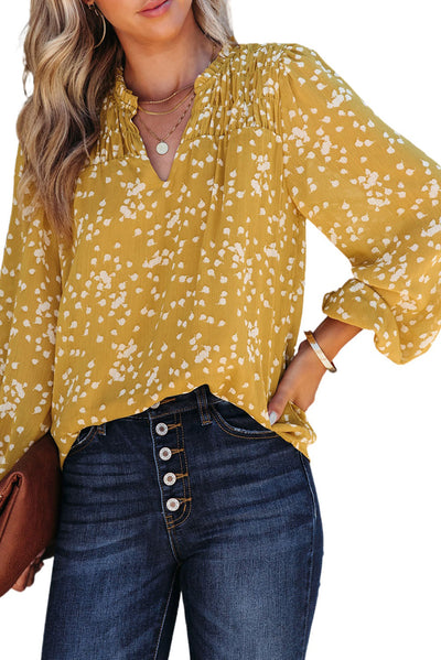 Yellow Split Neck Fall Printed Crinkled Blouse-Tops-MomFashion