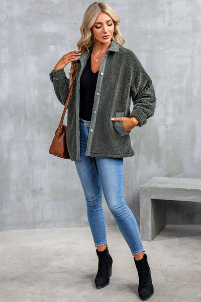 Gray Corduroy Trim Elbow Patch Sherpa Jacket-Outerwear-MomFashion