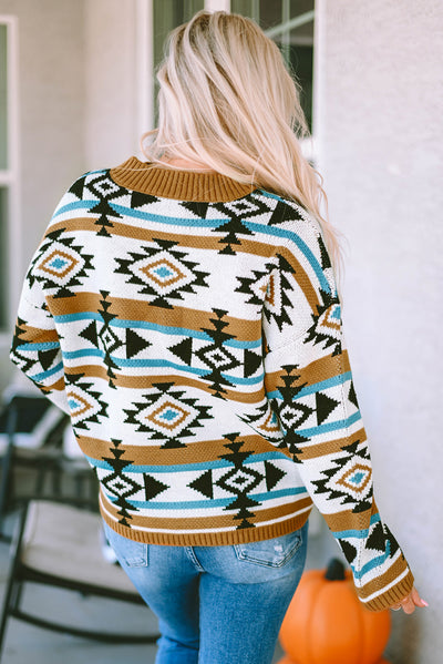 Brown Aztec Striped Knit Ribbed Trim Sweater-Tops-MomFashion