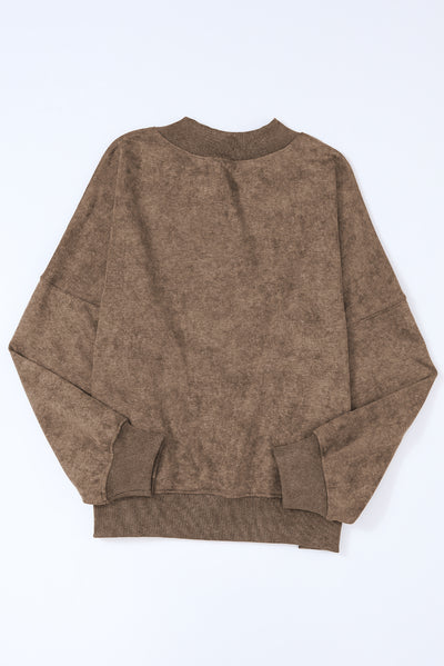 Brown Drop Shoulder Crew Neck Pullover Sweatshirt-Tops-MomFashion