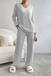 Light Grey Ribbed Knit V Neck Slouchy Two-piece Outfit-Loungewear-MomFashion