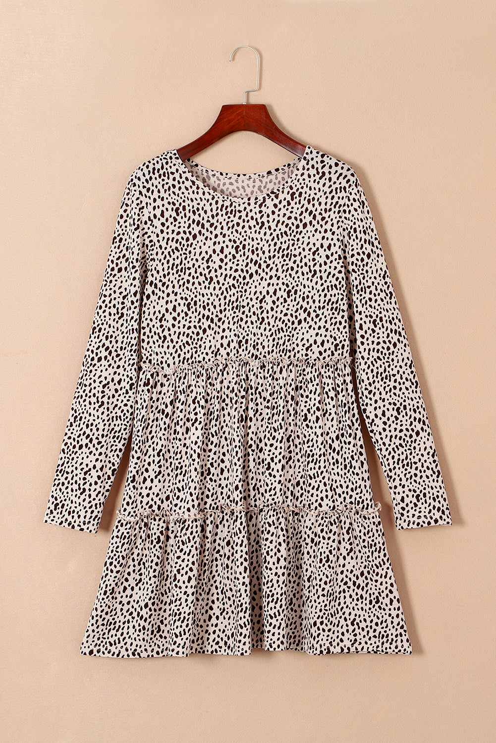 Leopard Animal Print Tiered Long Sleeve Dress-Dresses-MomFashion