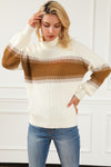 White Printed Patchwork Turtle Neck Knitted Sweater-Tops-MomFashion