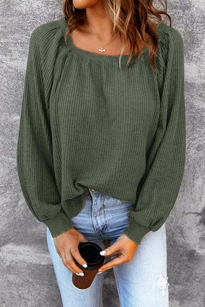 Green Scoop Neck Puff Sleeve Waffle Knit Top-Tops-MomFashion