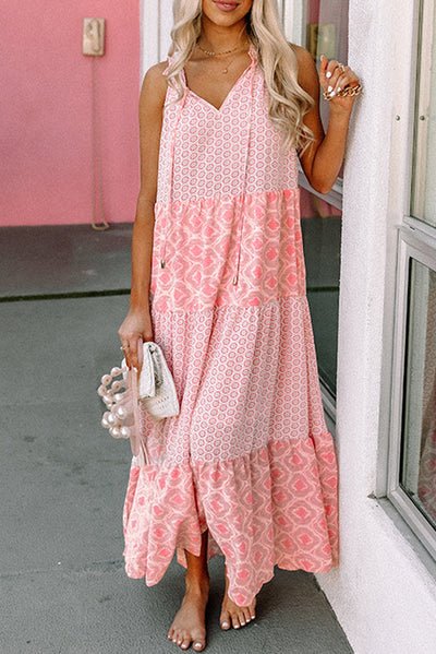 Pink Abstract Print Split Neck Sleeveless Maxi Dress-Dresses-MomFashion