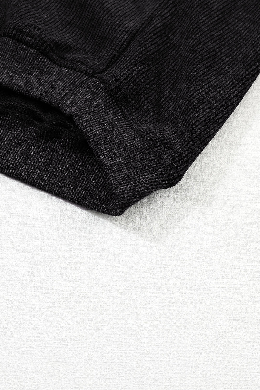 Black Solid Ribbed Knit Round Neck Pullover Sweatshirt-Tops-MomFashion