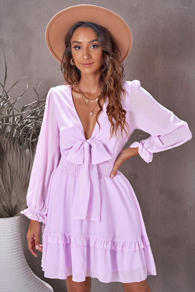 Deep V Neck Lantern Sleeve Knotted Tiered Mini Dress-Dresses-MomFashion