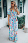 Green Wrap V Neck Floral Maxi Dress-Dresses-MomFashion