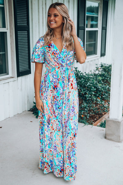 Green Wrap V Neck Floral Maxi Dress-Dresses-MomFashion