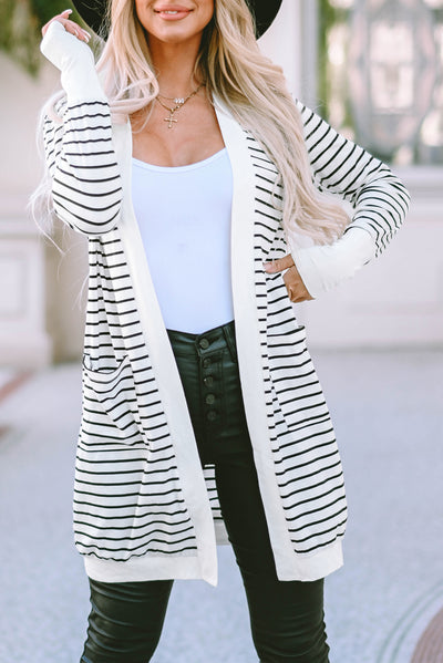 White Striped Side Pockets Open Front Cardigan-Tops-MomFashion