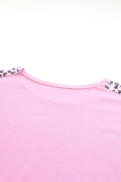 Pink Exposed Seam Leopard Splicing Plus Size Sweatshirt-Plus Size-MomFashion