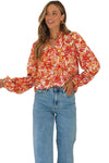 Grapefruit Orange Frilled Split Neck Bubble Sleeve Floral Blouse-Tops-MomFashion