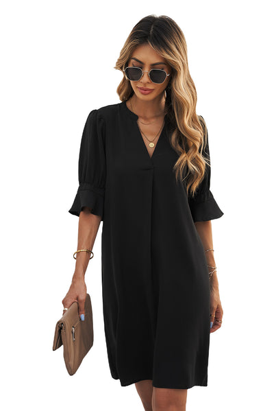 Black Ruffled Sleeve Shift Dress-Dresses-MomFashion