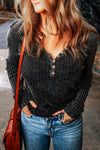 Black Vintage Ribbed Knit Button V Neck Long Sleeve Top-Tops-MomFashion