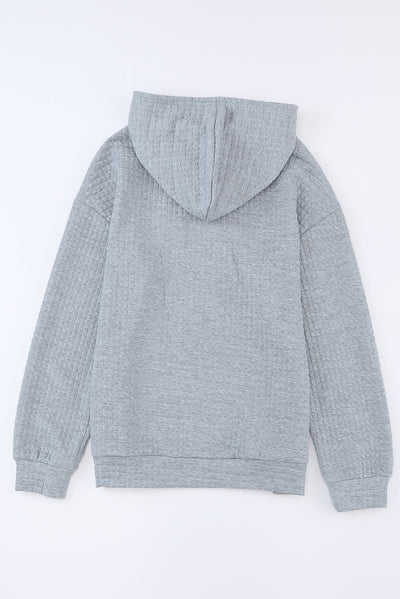 Gray Quilted Kangaroo Pocket Drawstring Hoodie-Tops-MomFashion